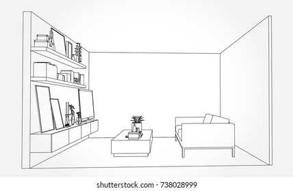 Linear sketch of an interior. Living room plan. Sketch Line sofa set. illustration.outline sketch drawing perspective of a interior space.draw and painted color.