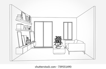 Linear sketch of an interior. Living room plan. Sketch Line sofa set. illustration.outline sketch drawing perspective of a interior space.draw and painted colour.