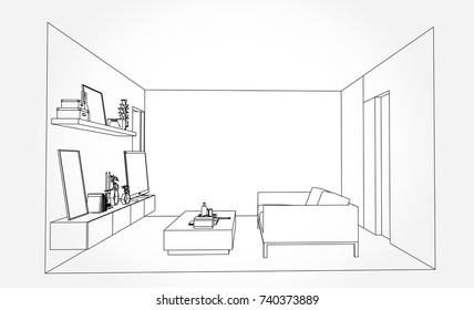Linear sketch of an interior. Living room plan. Sketch Line sofa set. illustration.outline sketch drawing perspective of a interior space.draw and painted colour.