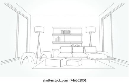 Linear sketch of an interior. Living room plan. Sketch Line sofa set. illustration.outline sketch drawing perspective of a interior space.