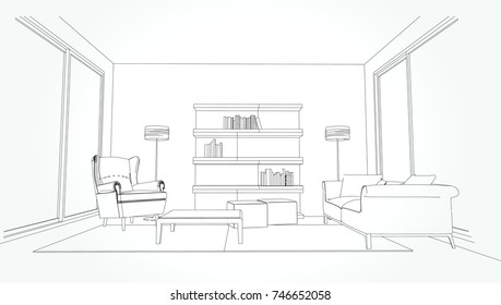 Linear sketch of an interior. Living room plan. Sketch Line sofa set. illustration.outline sketch drawing perspective of a interior space.