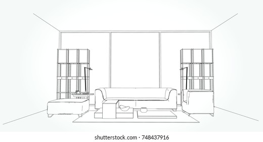Linear sketch of an interior. Living room plan. Sketch Line sofa set. illustration.outline sketch drawing perspective of a interior space.