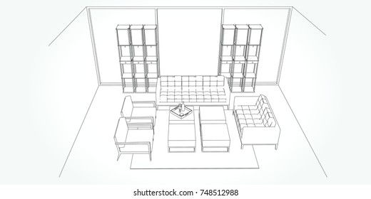 Linear sketch of an interior. Living room plan. Sketch Line sofa set. illustration.outline sketch drawing perspective of a interior space.