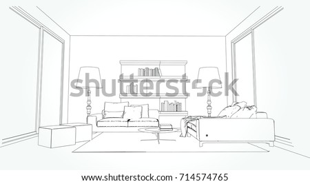 Linear Sketch Interior Living Room Plan Stock Vector (Royalty Free ...