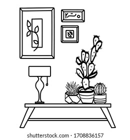 Linear sketch of the interior in a modern style with houseplant cactus and succulent.