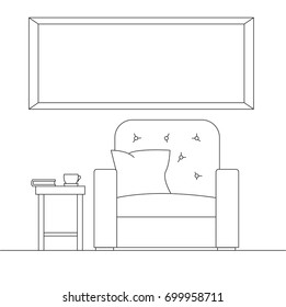 Linear sketch of the interior in a modern style. Frame on the wall for Fitting Your information.