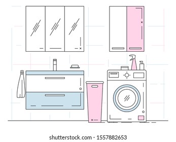 Linear sketch of an interior. Part of the bathroom. Vector illustration.