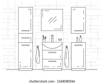 Linear sketch of an interior. Part of the bathroom. Vector illustration.