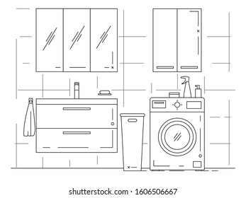 Linear sketch of an interior. Part of the bathroom. Vector illustration.