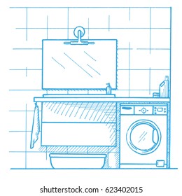  Linear sketch of an interior. Part of the bathroom. Vector illustration. Sketch drawn by a blue pen