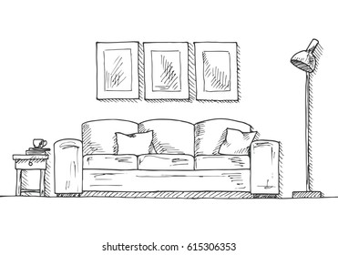 Linear sketch of the interior. Part of the room. Hand drawn vector illustration of a sketch style.