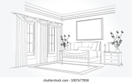 Linear sketch of an interior. Room plan. Sketch Line bedrooms. Vector illustration.outline sketch drawing perspective of a interior space