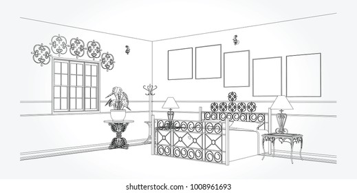 Linear sketch of an interior. Room plan. Sketch Line bedrooms. Vector illustration.outline sketch drawing perspective of a interior space.
