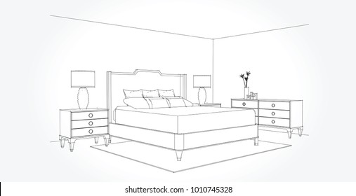 Linear sketch of an interior. Room plan. Sketch Line bedrooms. Vector illustration.outline sketch drawing perspective of a interior space.
