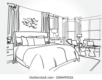 Linear sketch of an interior. Room plan. Sketch Line bedrooms. Vector illustration.outline sketch drawing perspective of a interior space.

