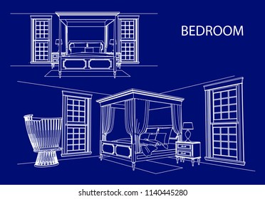 Linear sketch of an interior. Room plan. Sketch Line bedrooms. Vector illustration.outline sketch drawing perspective of a interior space
