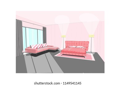 Linear sketch of an interior. Room plan. Sketch Line bedrooms. Vector illustration.outline sketch drawing perspective of a interior space