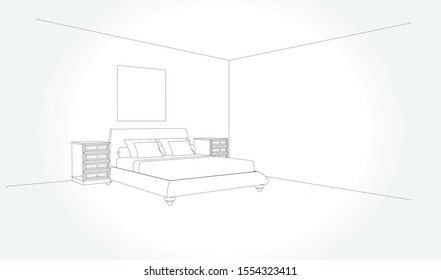 Linear sketch of an interior. Room plan. Sketch Line bedrooms. Vector illustration.outline sketch drawing perspective of a interior space