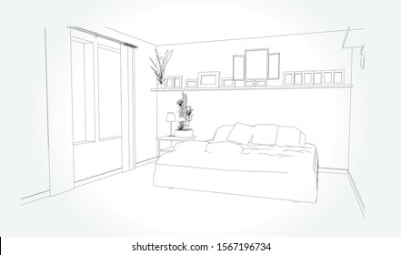 Linear sketch of an interior. Room plan. Sketch Line bedroom. Vector illustration.outline sketch drawing perspective of a interior space