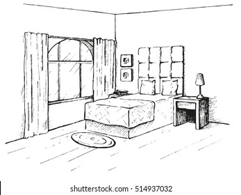 Linear sketch of an interior. Room plan. Sketch Line bedrooms. Vector illustration.