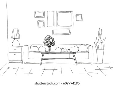 Linear sketch of an interior. Room plan. Vector illustration. Linear sketch of the interior.