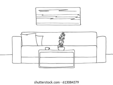 Linear sketch of an interior. Room plan. Vector illustration. Linear sketch of the interior.