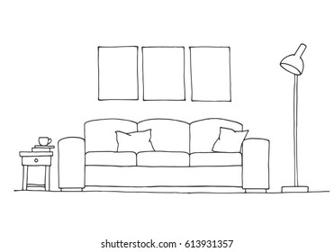 Linear sketch of an interior. Room plan. Vector illustration. Linear sketch of the interior.