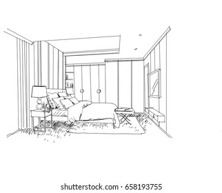 Linear sketch of an interior. Room plan. Sketch Line bedrooms. Vector illustration.outline sketch drawing perspective of a interior space