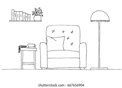 Linear sketch of an interior. Room plan. Vector illustration.