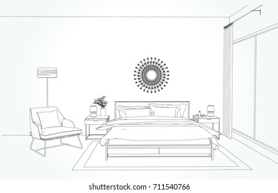 Linear sketch of an interior. Room plan. Sketch Line bedrooms. Vector illustration.outline sketch drawing perspective of a interior space