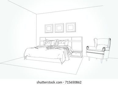 Linear sketch of an interior. Room plan. Sketch Line bedrooms. Vector illustration.outline sketch drawing perspective of a interior space