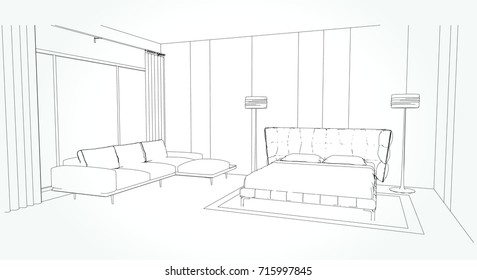 Linear sketch of an interior. Room plan. Sketch Line bedrooms. Vector illustration.outline sketch drawing perspective of a interior space
