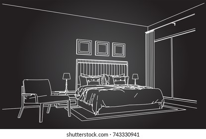 Linear Sketch Of An Interior. Room Plan. Sketch Line Bedrooms. Vector Illustration.outline Sketch Drawing Perspective Of A Interior Space