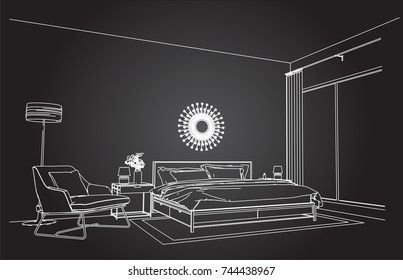 Linear sketch of an interior. Room plan. Sketch Line bedrooms. Vector illustration.outline sketch drawing perspective of a interior space