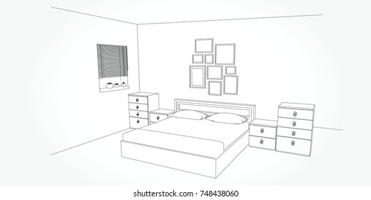 Linear sketch of an interior. Room plan. Sketch Line bedrooms. Vector illustration.outline sketch drawing perspective of a interior space
