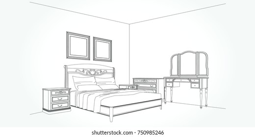 Linear sketch of an interior. Room plan. Sketch Line bedrooms. Vector illustration.outline sketch drawing perspective of a interior space