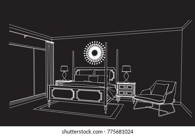 Linear sketch of an interior. Room plan. Sketch Line bedrooms. Vector illustration.outline sketch drawing perspective of a interior space