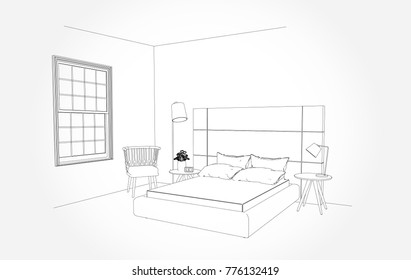 Linear sketch an interior  Room plan  Sketch Line bedrooms  Vector illustration outline sketch drawing perspective interior space