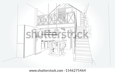 Linear sketch of an interior. Room plan. Sketch Line bedrooms. Vector illustration.outline sketch drawing perspective of a interior space