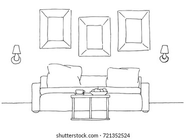 Linear sketch of an interior. Sofa, table,  lamp and picture.Hand drawn vector illustration of a sketch style. 