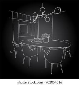 Linear sketch of an interior.Dining room free hand sketch. Sketch Line sofa set. illustration.outline sketch drawing perspective of a interior space.draw and painted color.