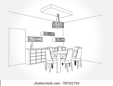 Linear sketch of an interior.dining room plan. Sketch Line furniture set. Vector illustration.outline sketch drawing perspective of a interior space.