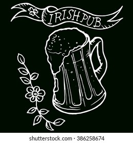 Linear sketch of the irish glass of beer with clover and text irish pub. Vector vintage hand drawn illustration