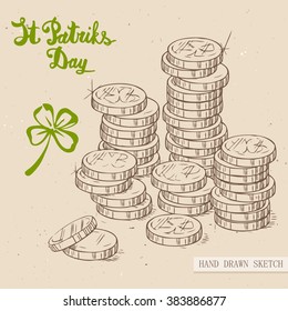 Linear sketch of the irish golden coins with four-leaf clover and text congratulation St. Patrick's Day. Vector vintage hand drawn illustration on the textured paper background.