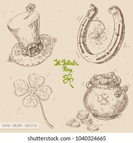 Linear sketch of the irish hat, horseshoe, irish lucky four-leaf clover, pot of gold, golden coins, text St. Patrick's Day. Vector vintage hand drawn illustration on textured paper background. 