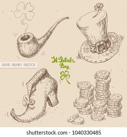 Linear sketch of the irish hat, pipe with fume, irish shoe, golden coins, text St. Patrick's Day. Vector vintage hand drawn illustration on the textured paper background. 