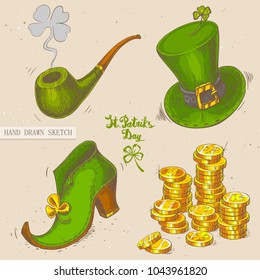 Linear sketch of the irish top hat, pipe with fume, irish shoe, golden coins, text St. Patrick's Day. Vector vintage hand drawn illustration on the textured paper background. 