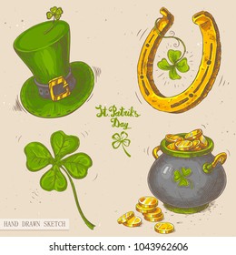 Linear sketch of the irish top hat, horseshoe, irish lucky four-leaf clover, pot of gold, golden coins, text St. Patrick's Day. Vector vintage hand drawn illustration on textured paper background. 