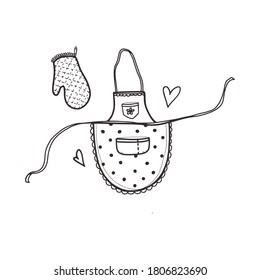 Esbozo lineal de un accesorio de cocina - delantal y tiburón en forma de doodle. Concepto de cocina. Aislado sobre fondo blanco, ilustración vectorial de stock.