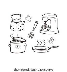 Linear sketch of kitchen utensils - kettle, mixer, frying pan, saucepan. Doodle style. Cooking concept. Isolated on white background, stock vector illustration.
